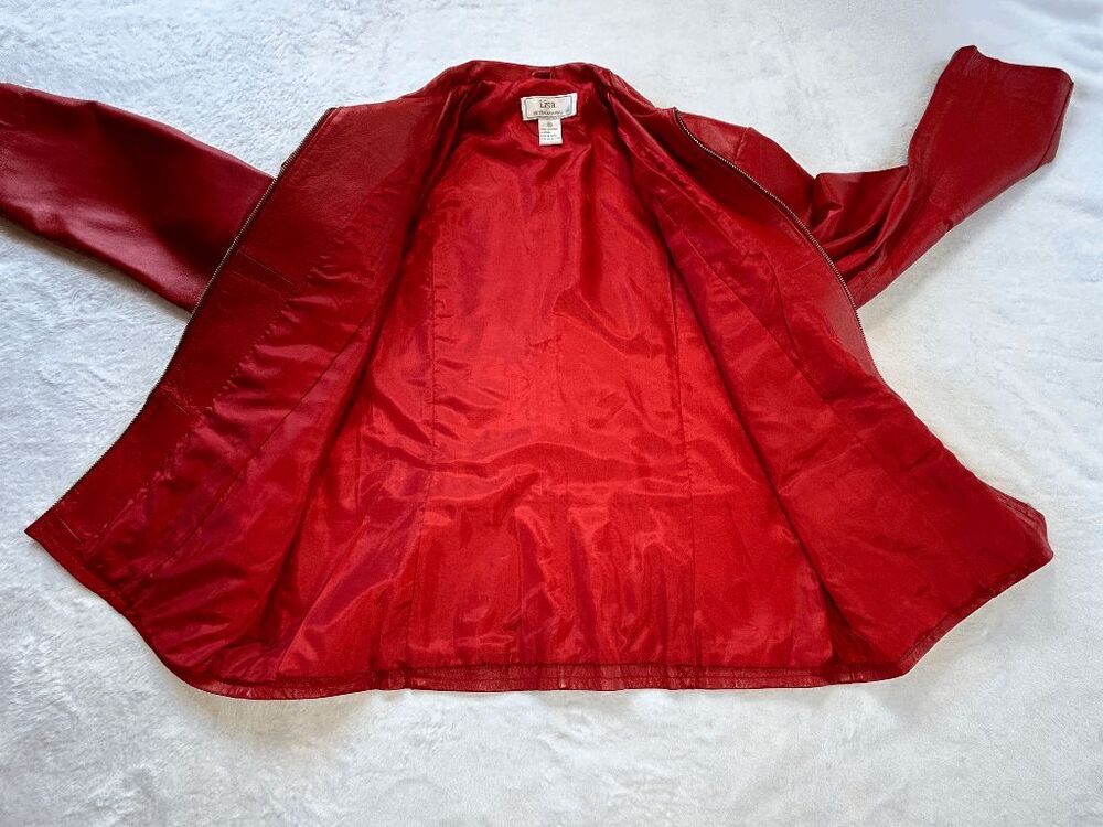 Lisa International Red Leather Zip Up Jacket Size XL Bold Classic Old Money - Picture 6 of 8